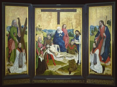 Altarbild mit einer Pietà und Stiftern im Mittelteil; St. Andreas und St. Johannes auf den Seitenflügeln, ca. 1480-90 von Master of the Life of Virgin Mary